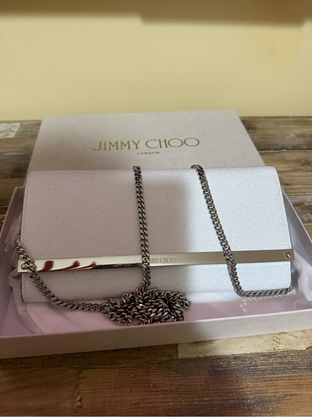 Jimmy Choo White Glitter Chain Shoulder Clutch